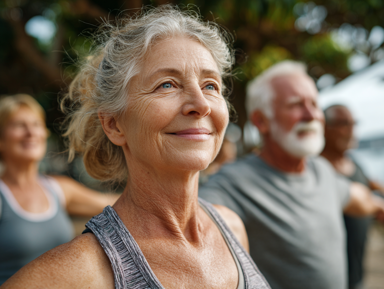 Seniori activi și fericiți practicând exerciții în parc